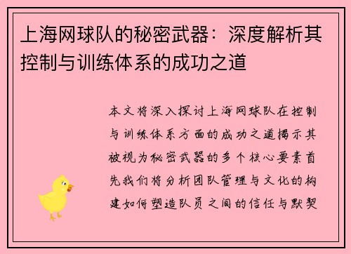 上海网球队的秘密武器：深度解析其控制与训练体系的成功之道